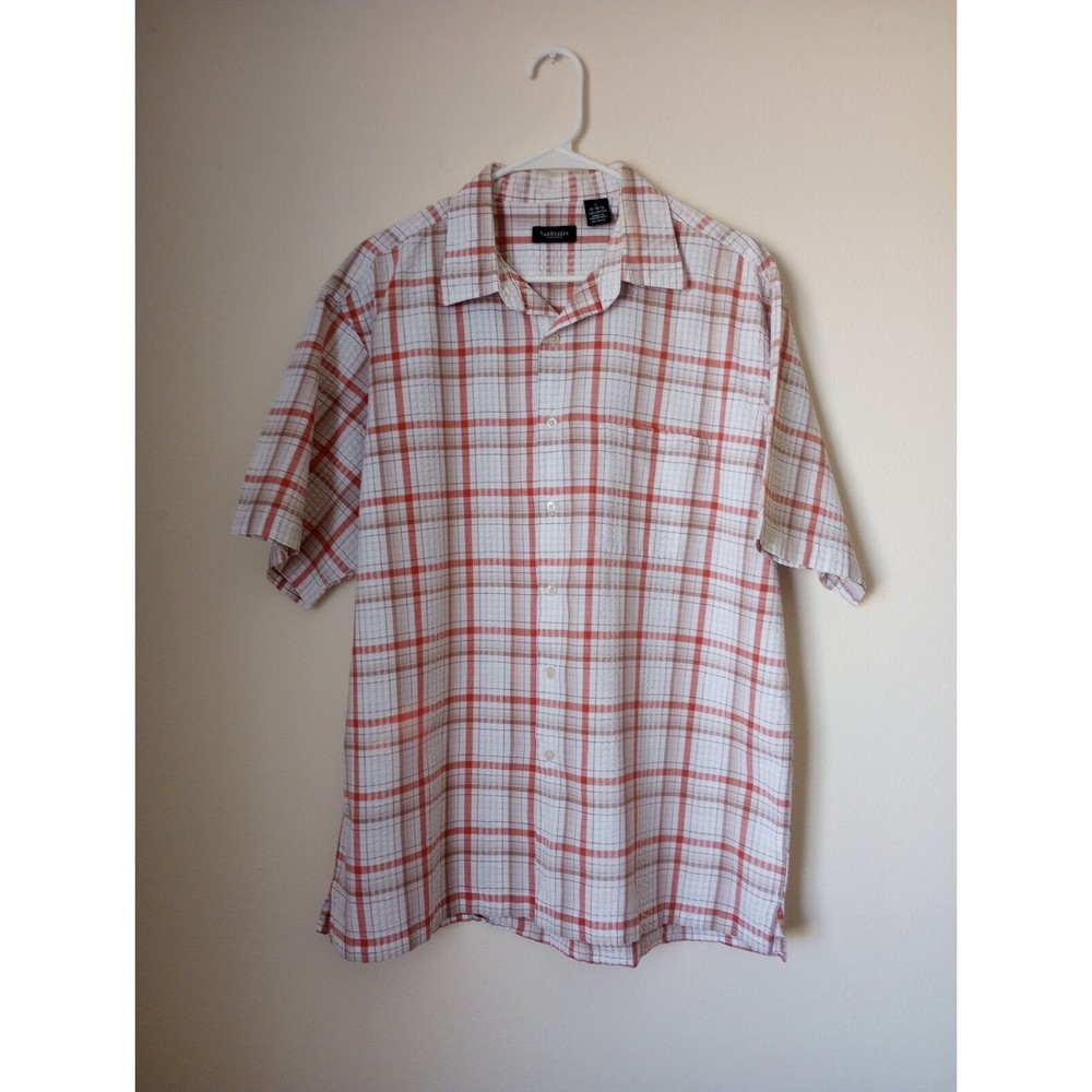 Van Heusen Men's Lg Red&White Plaid Short Sleeve Collared Button Up Casual Shirt
